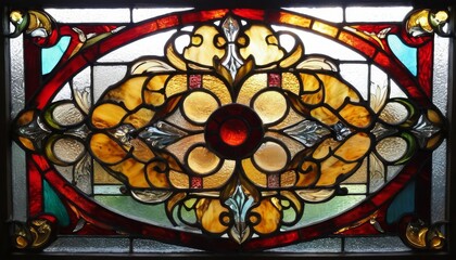 Close-up of a vibrant stained glass window, showcasing exquisite artistry and intricate patterns with a play of light