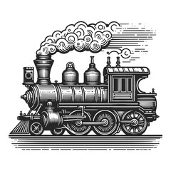Steam locomotive train in steampunk style sketch engraving generative ai raster illustration. Scratch board imitation. Black and white image. - obrazy, fototapety, plakaty