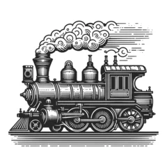Deurstickers Steam locomotive train in steampunk style sketch engraving generative ai raster illustration. Scratch board imitation. Black and white image. © Oleksandr Pokusai