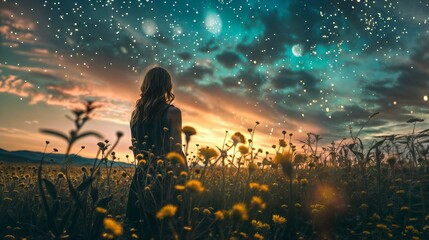 Young woman in the field with dandelions and starry sky