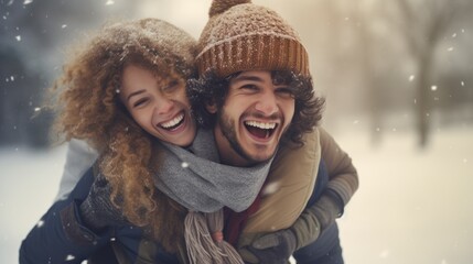 Happy young couple having fun outdoors in winterwear enjoying snowfall