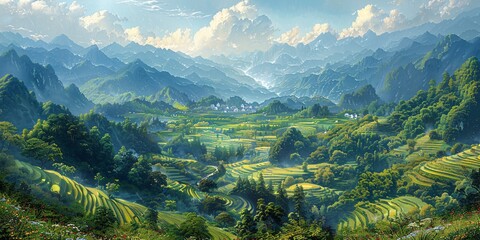 A serene mountain valley with a lush green forest and a picturesque mountain range in the background Generative AI - obrazy, fototapety, plakaty