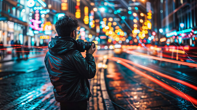 Young man taking photo of the city at night in New York City