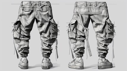 A technical drawing of men's cargo pants made from soft denim, showcasing the design's details - obrazy, fototapety, plakaty