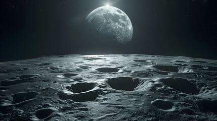 Realistic depiction of the moon's surface with Earth visible in the night sky. Astronomy and space exploration backdrop for education and simulation