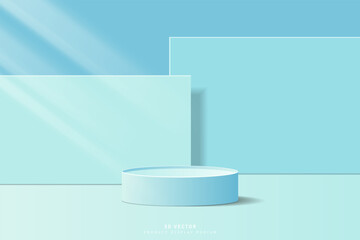 Abstract minimal scene for product mockup. Blue 3D cylinder pedestal stage podium with rectangle geometric shape backdrop. platform for showcase. 3D vector rendered for cosmetic product.