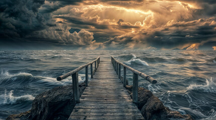 Wooden pier leading to the sea under dramatic sky with clouds.