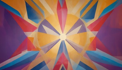 Vibrant abstract painting with kaleidoscopic pattern, showcasing a starburst effect in bold colors such as orange, blue, and purple.