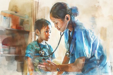 Stock photo of a doctor using a stethoscope on a child patient conveying a sense of trust and gentleness in pediatric care - obrazy, fototapety, plakaty
