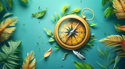 Compass and tropical leaves on green background.