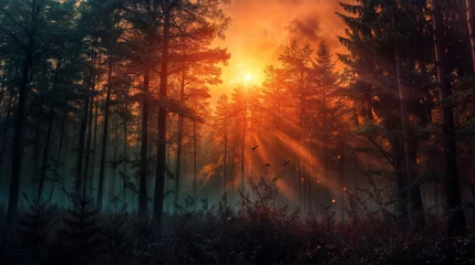 Schilderijen op glas Foggy forest at sunrise. Nature background © engkiang