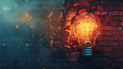 illustration of a light bulb shattering a brick wall representing the power of a single - obrazy, fototapety, plakaty