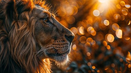Portrait of a lion in the wild at sunset. Close-up.