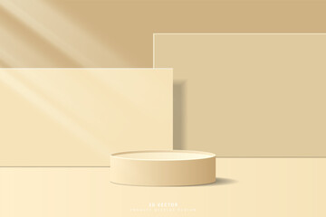 Abstract minimal scene for product mockup. Brown 3D cylinder pedestal stage podium with rectangle geometric shape backdrop. platform for showcase. 3D vector rendered for cosmetic product.