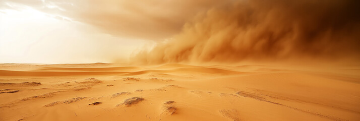 A massive sandstorm engulfs the desert, obscuring the sky and towering over the vast dunes below. - obrazy, fototapety, plakaty