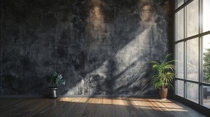 A large room with a plant in a vase and a window - obrazy, fototapety, plakaty