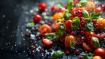 Fresh cherry tomatoes with basil, sprinkled with salt and pepper on a dark surface. High-speed photography capturing vibrant splashes. Culinary and gourmet concept for cookbook and food blog design - obrazy, fototapety, plakaty