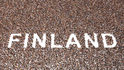 Concept or conceptual large community of people forming the word FINLAND. 3d illustration metaphor for culture, history and education, politics, economy and business, travel and adventure