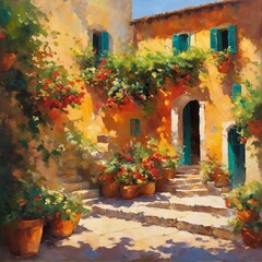 impressionism oil painting concept, summer day in Italy. Italian street with blooming flowers, city landscape. for card, sticker, interior, banner, flyer, poster