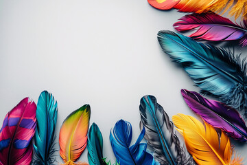White background with colorful feathers and copy space