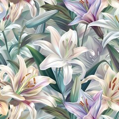 **realistic, intricate seamless pattern of Easter lilies in pastel colors** 