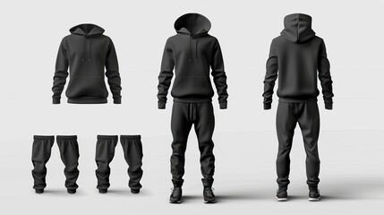 Vector mockup of black sportswear for men, including a hoodie and trousers, suitable for athletic wear - obrazy, fototapety, plakaty
