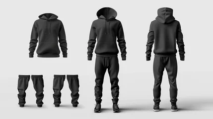 Zelfklevend Fotobehang Vector mockup of black sportswear for men, including a hoodie and trousers, suitable for athletic wear © Orxan