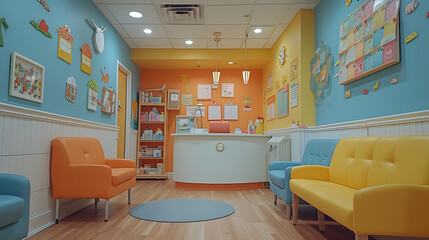 Cozy pediatric waiting room with colorful furniture and wall decorations. Child-centered interior design for healthcare facilities