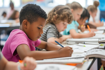 Obraz premium Focused young girl diligently working on her school assignment in a bright, busy classroom. Generative AI