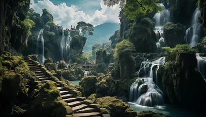 Foto op Plexiglas AI creates images, waterfalls, views The scenery, the landscape, is very beautiful. © Nan