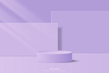 Abstract minimal scene for product mockup. Purple 3D cylinder pedestal stage podium with rectangle geometric shape backdrop. platform for showcase. 3D vector rendered for cosmetic product.