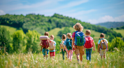 Group of children with backpacks walking on the green fields on a sunny summer day, outdoor activity, time healthy spent. 