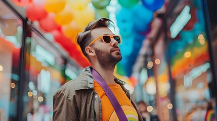 The attractive style and openness of a man in expressing his personality, standing for LGBT rights, reflect the basic principles of equality, freedom and respect for diversity. - obrazy, fototapety, plakaty