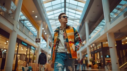 A man with a bright personality and a stylish way emphasizes his support for LGBT  rights and freedoms, enjoying a walk through the shopping center, symbolizing openness and equality. - obrazy, fototapety, plakaty