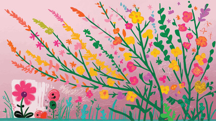 Vibrant Blooms: Spring Design with Colorful Flowering Branches on a Light Pink Background