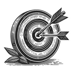 arrow hitting target aim bullseye metaphor for precision, goal achievement, and success sketch engraving generative ai raster illustration. Scratch board imitation. Black and white image.