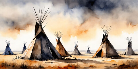Teepees on the Vast Prairie Plains, Watercolor Painting