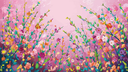 Vibrant Blooms: Spring Design with Colorful Flowering Branches on a Light Pink Background