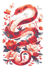 Fototapeta premium Beautiful Snake illustration for Chinese New Year 2025. Elegant snake drawing surrounded with floral elements. Traditional Lunar New Year symbol.