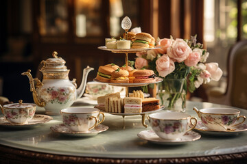 A tea party with a variety of sandwiches and cakes on a table