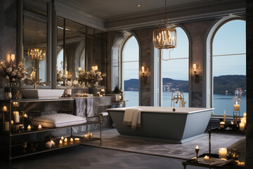 A luxurious bathroom with a large white bathtub and a marble floor