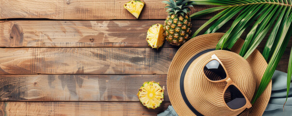 Set the scene for summer bliss: a straw hat, stylish sunglasses, a juicy pineapple, and verdant palm leaves adorning a wooden table. - obrazy, fototapety, plakaty
