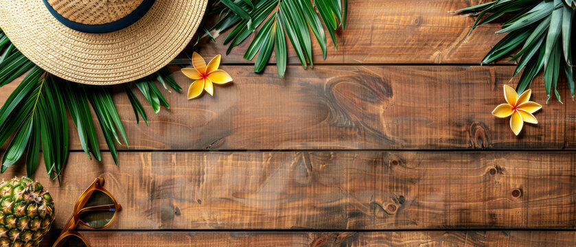 On a wooden table, a straw hat and chic sunglasses sit beside a ripe pineapple, surrounded by vibrant palm leaves. A scene exuding tropical charm and summer relaxation, perfect for travel.