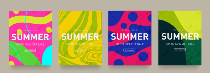 Creative Summer Set of Yellow, Green, Pink, Purple Colors. Modern 3d Memphis Element for Celebration, Ads, Branding, Banner, Cover, Label, Poster. Sale offer 50%. Vector Illustration