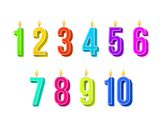 Celebration cake candles burning lights, birthday number and party candle. Birthday anniversary numbers candle. Template set of symbols for invitation to the anniversary. Vector illustration