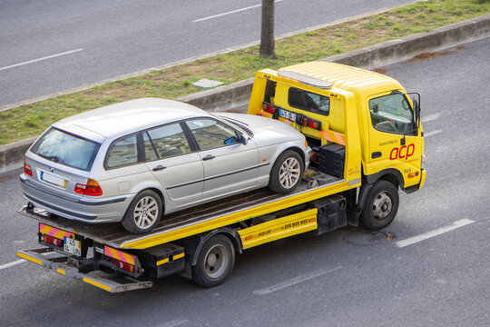 Lisbon, Portugal, March 25th 2024, Vehicle from the company ACP Automovel Club de Portugala towing a damaged vehicle