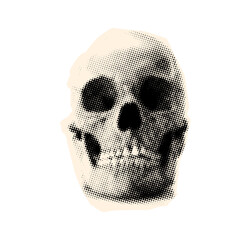 Halftone skull collage element in trendy magazine style