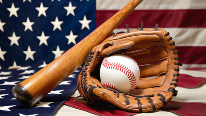 Patriotic Baseball Equipment on American Flag, National pastime, Copy-Space