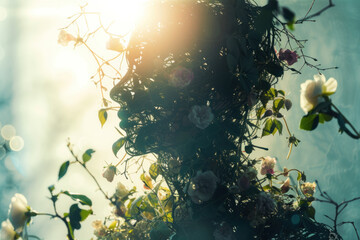 Mysterious Silhouette of a Person Entwined in Blooming Flowers and Backlit by Sun