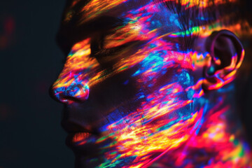 Vivid Portrait Featuring a Colorful Light Projection on a Young Man's Profile